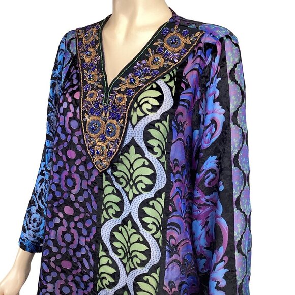 Soft Surroundings Boho Tunic Top Size Large Beaded Sequin V-Neck Velvet Burnout - Picture 4 of 9